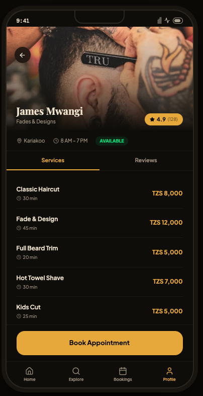 Barber profile with services and prices