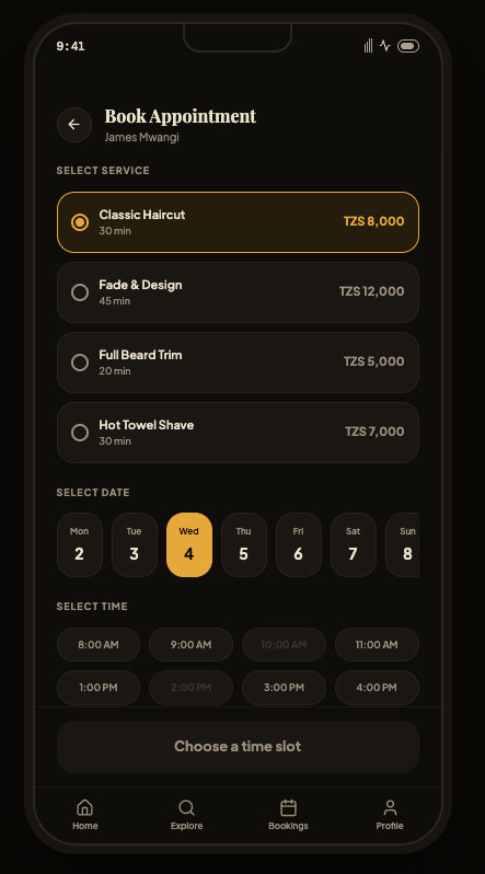 Book appointment screen with service and time selection